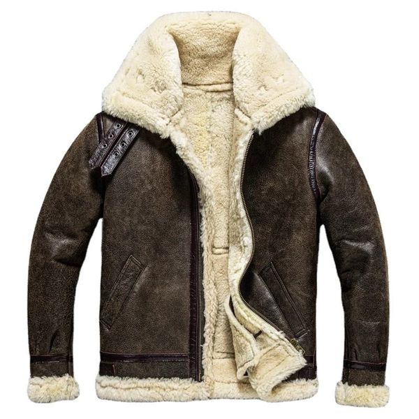 Jinfei Winter Sheepskin Shearling Jacket Men Vintage B3 Bomber Male Aviator Genuine Leather Jackets Real Heavy Fur Coat