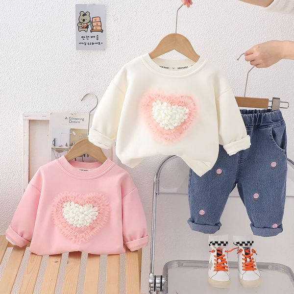 2025 Spring New Girls Hoodie Set Autumn Long Sleeved Love Heart Two-Piece Set Fashion Children Cotton Clothing