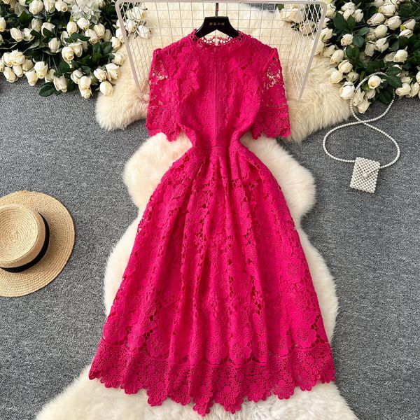 Summer Vintage Tunic Slim Casual Midi Dress for Women Short Sleeve Empire Hollow Out Lace Vestidos Black
