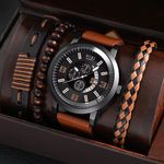 SOKI New Men's Business Alloy 4 Pcs Jewelry Set Casual Leather Strap Number Date Quartz Wristwatch Fashion Watch