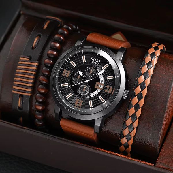 SOKI New Men's Business Alloy 4 Pcs Jewelry Set Casual Leather Strap Number Date Quartz Wristwatch Fashion Watch