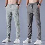 Men's Summer Ice Silk Pants New Label Thin Business Casual Elastic Breathable Cotton Canvas Sports Pants XL Size