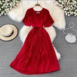 2022 Summer New Fashion Korean Style V-neck Short-sleeved Dress Over the Knee Waist Tie Big Swing Solid Pleated Casual Dress