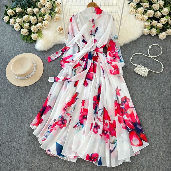 Boutique Wholesale 2024 Summer New French Elegant Style Lace up Bow Neck Slim Fit Chiffon Women's Dress