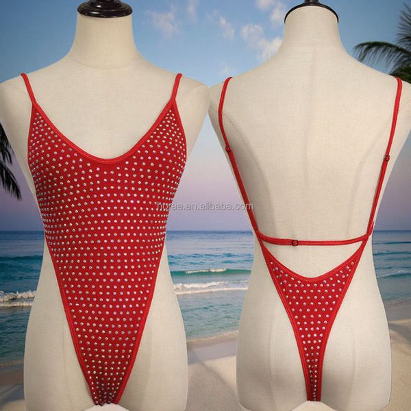S596 Women Sexy Deep V Neck One Piece Rhinestone Swimming Suit Luxury Shiny Diamond Crystals Bikini Swimwear