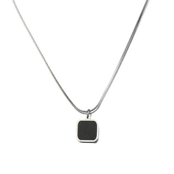 High-Grade Stainless Steel Necklace with Square Pendant Simple Black Design Trendy Unisex Clavicle Chain for Men Women Children