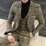 Men Suit 3 Pieces Set Breathable Jacket Vest Pants Checked Grey Groom Suits for Men Wedding Suits