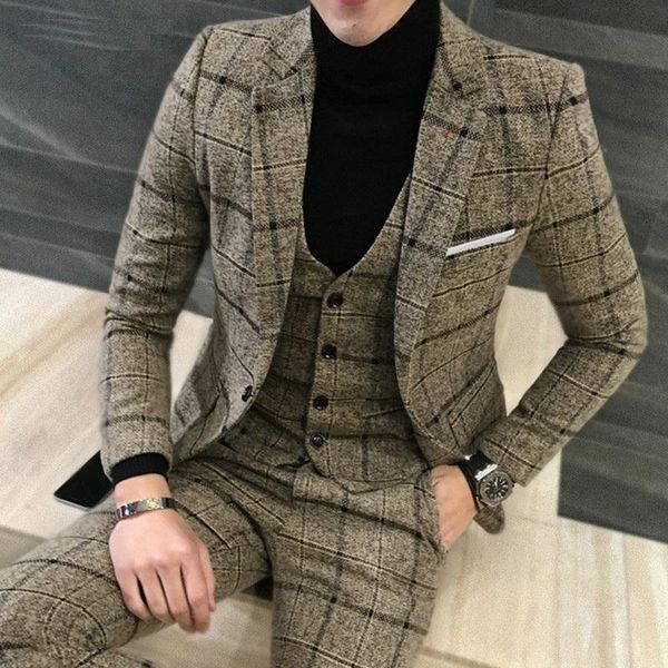 Men Suit 3 Pieces Set Breathable Jacket Vest Pants Checked Grey Groom Suits for Men Wedding Suits