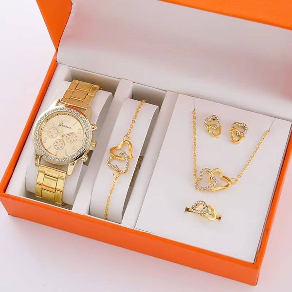 2024 Fashion Women Quartz Watch 6PCS Set Luxury Watch Ladies Ring Necklace Earrings Rhinestone Fashion Watch Set
