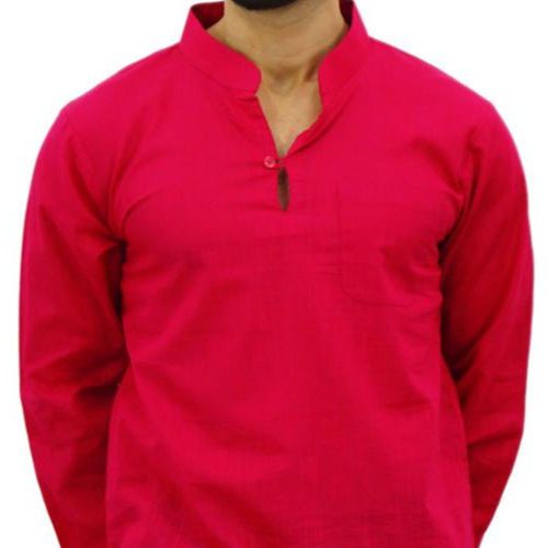 Men's Kurta Indian Cotton Long Sleeve Wooden Button One Pocket Front Side _ 70