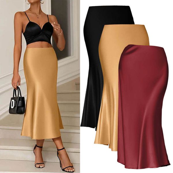 Fashionable Spring Summer Skirt Solid Color Costom Elegant High Waist Satin Midi Length Women's a Line Skirts Wholesale