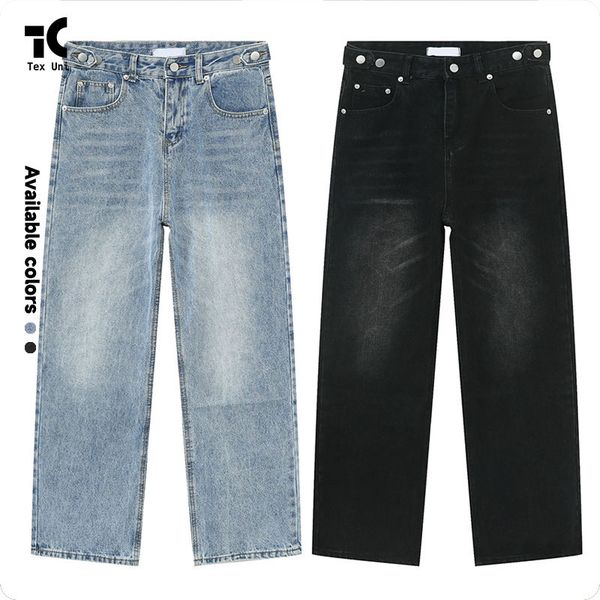 New American Style Adjustable Waist Loose Straight Leg Denim Homme Trousers High Street Trendy Jeans for Men Blue Baggy Jeans
