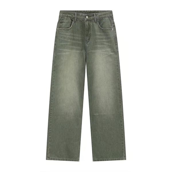 2024 Grey Green Custom Denim Wash Jeans Baggy Fit Custom Stacked Jeans Streetstyle Biker Jeans Wide Leg Pants Men