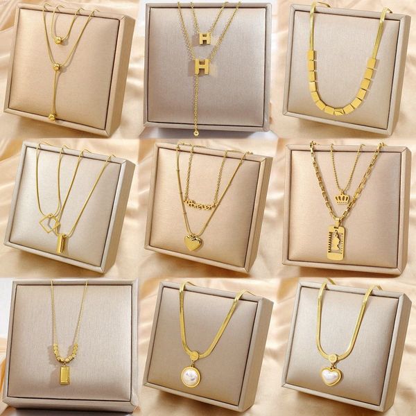 Stainless Steel Jewelry 18K Gold Plated Pearl Heart Pendant Multilayer Chain Choker Necklace for Woman Wedding Accessories