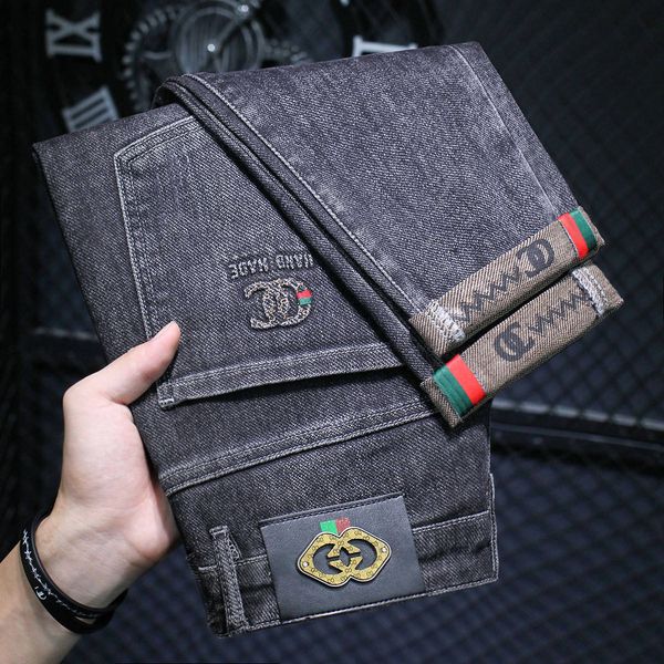 2024 Fall/Winter Men's High-End Trendy Brand Skinny Jeans Black Grey All-Match Fleece-Lined Stretch Slim-Fit Denim Casual Style