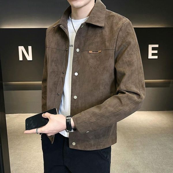 2024 Men's Brand New All-Season Stand Collar Bomber Jacket Fashionable Lapel Casual Winter Top in XL Short Suede Jacket Spring