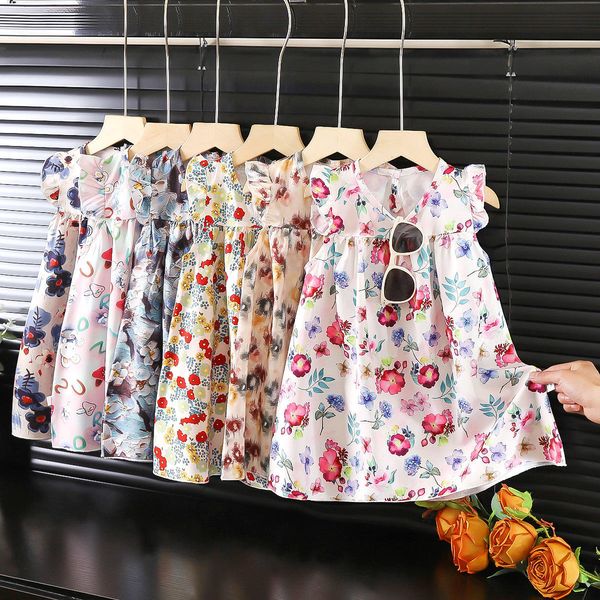 Girls Summer Clothes 2025 New Style Flying Sleeve Vest Dress Baby Chiffon Children's Floral Dress Children's Skirt