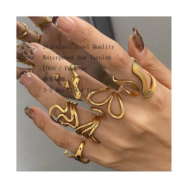 ERESI High End 18K PVD Gold Plated Statement Curve Lines Ring Stainless Steel Women Ring Tarnish Free Jewelry Rings