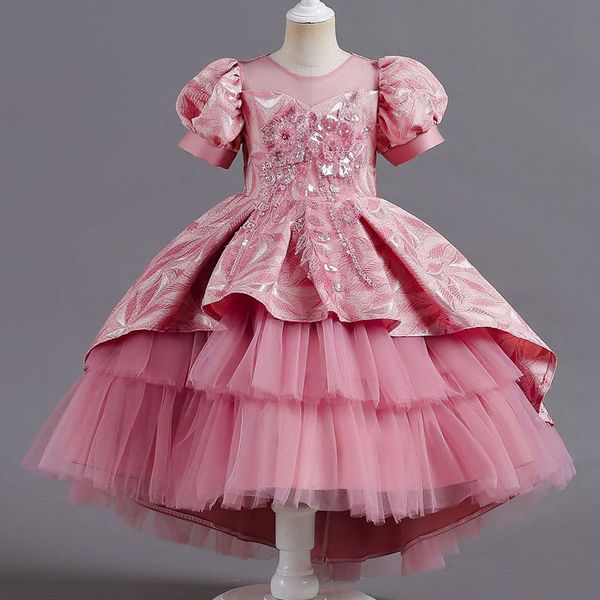 High Wholesale Girls' Trailing Princess Dress Sequined Pattern Evening Chiffon Children's Birthday Parties 6-11 Years Clothing