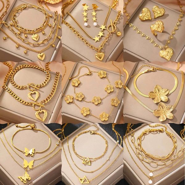 Stainless Steel Jewelry Set Fashion Heart Flower Imitation Pearl Star Earring Love Heart Necklace Jewelry Set for Women