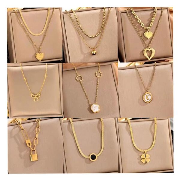Wholesale Stainless Steel 18K Gold Layered Shell Clover Heart Pendant Necklace Minimalist Lock Bow Chain Necklace for Women Gift