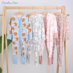 Long Sleeves Ruffle Style Newborn Baby Jumpsuit Two Way Zipper Bamboo Viscose & Spandex Romper Set Print Pattern Spring Summer