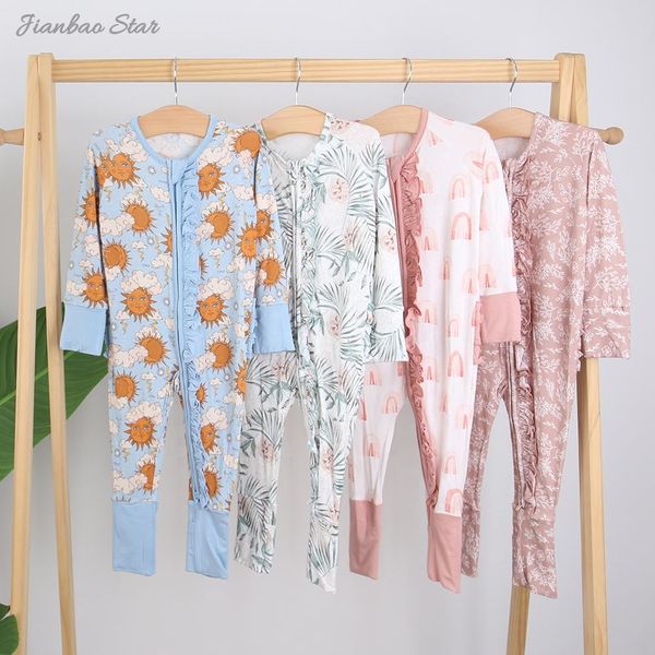 Long Sleeves Ruffle Style Newborn Baby Jumpsuit Two Way Zipper Bamboo Viscose & Spandex Romper Set Print Pattern Spring Summer