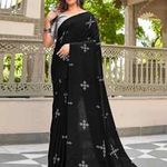 New Collection Soft Muslin Cotton Silk Black Color Saree with Full Sleeves Wedding Saree for Women and Girls Wear