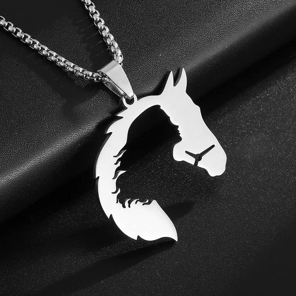 Stainless Steel Hollowed Out Retro Horse Head Men's Sweater Chain Necklace, Horse Pendant Necklace