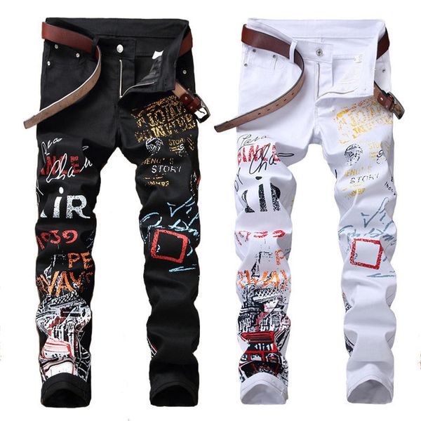 RNSHANGER High Street Mens Jeans Fashion Night Club Black White Color Personal Designer Printed Jeans Punk Skinny Hip Hop Jeans
