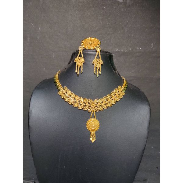 Buy Stylish Designed 22K Gold Plated Necklace Earrings Ring Set with Traditional Designed Jewelry Set for Sale