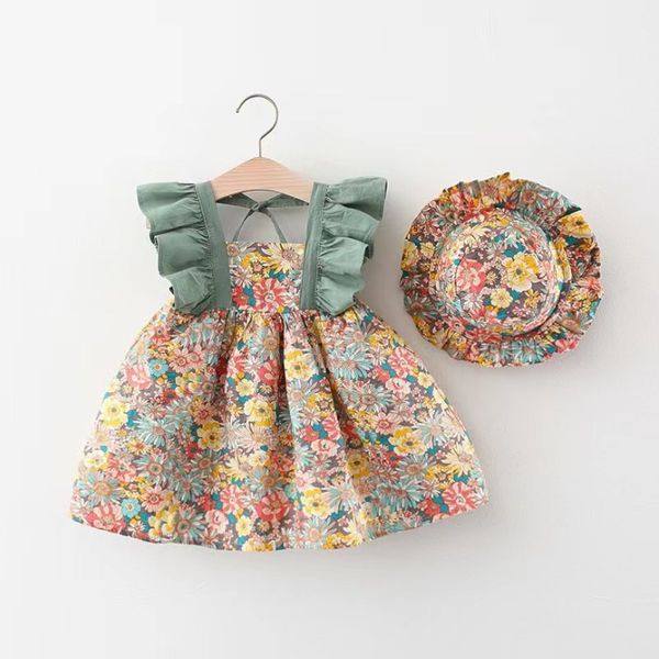 Summer Toddler Dresses for Girls Korean Fashion Flowers Sleeveless Beach Princess Dress+Hat Baby Clothes