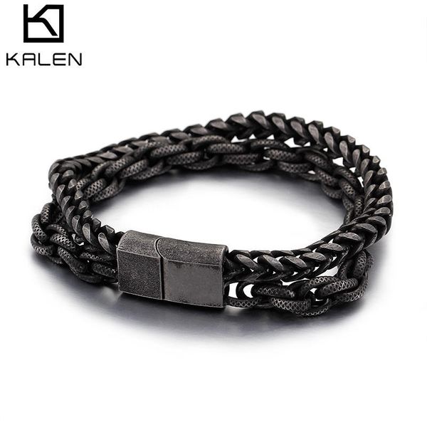 KALEN Multiple Sizes Retro Fashion Jewelry Bracelets Stainless Steel Double Layer Link Bracelet Men