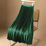 2025 Plus Size Length Summer Women's Midi Pleated Skirts Satin Elastic High Waist Plain Skirt Korean A-line Skirt