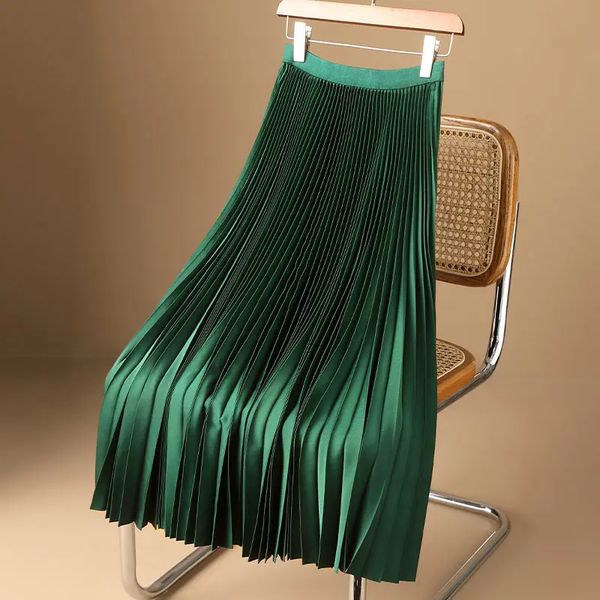 2025 Plus Size Length Summer Women's Midi Pleated Skirts Satin Elastic High Waist Plain Skirt Korean A-line Skirt