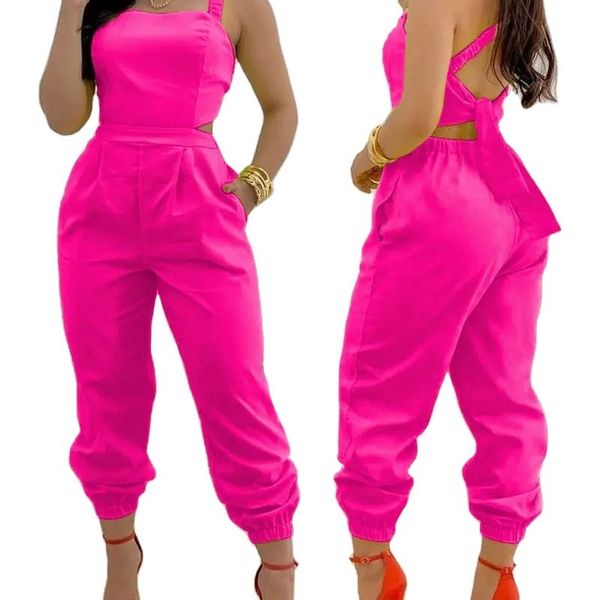 2024 Spring/Summer New Fashionable Casual Suspender Backless Pants Printed High Waist Jumpsuit Women's Set